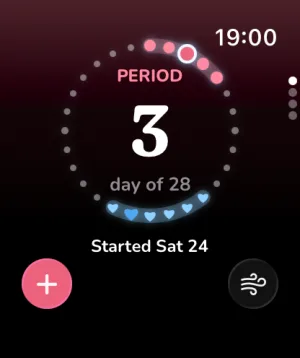 Cycle ring on the watch: period, day 3 of 28, started Saturday 24