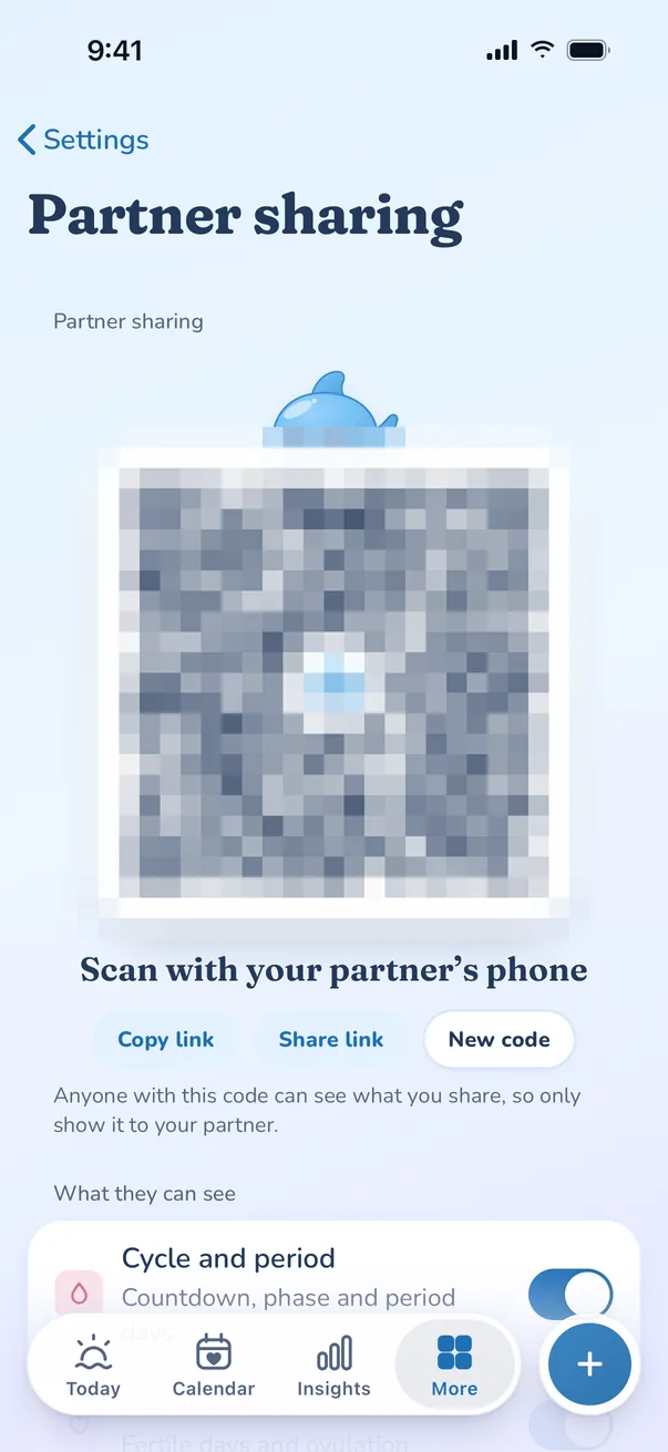Splash app: Partner sharing (QR blurred) screen