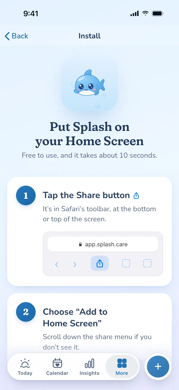 Splash's own in-app install guide: Put Splash on your Home Screen
