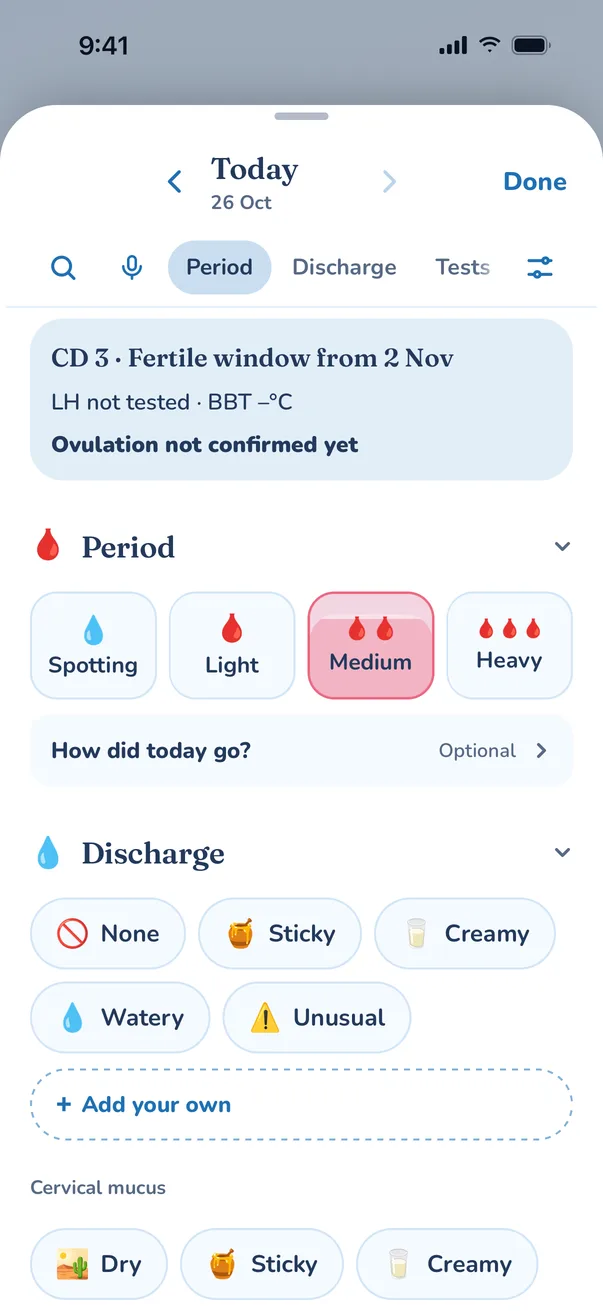 Splash daily log with pregnancy and ovulation test entries