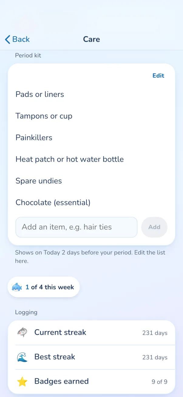 Period kit checklist: pads, tampons, painkillers, heat patch, spare undies and chocolate