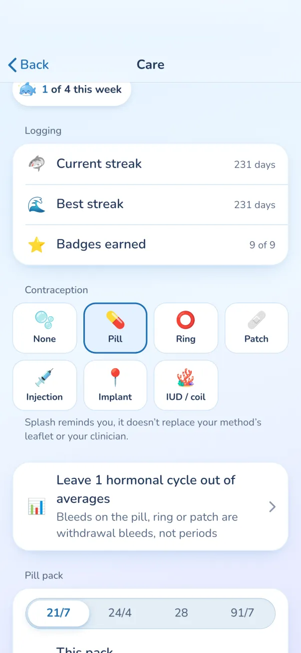 Logging streaks and badges, and contraception methods