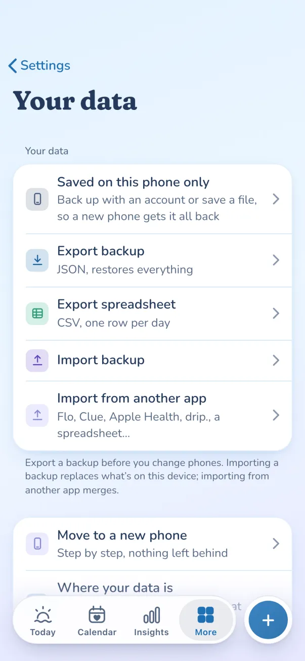 Your data: export backup, export spreadsheet and import backup