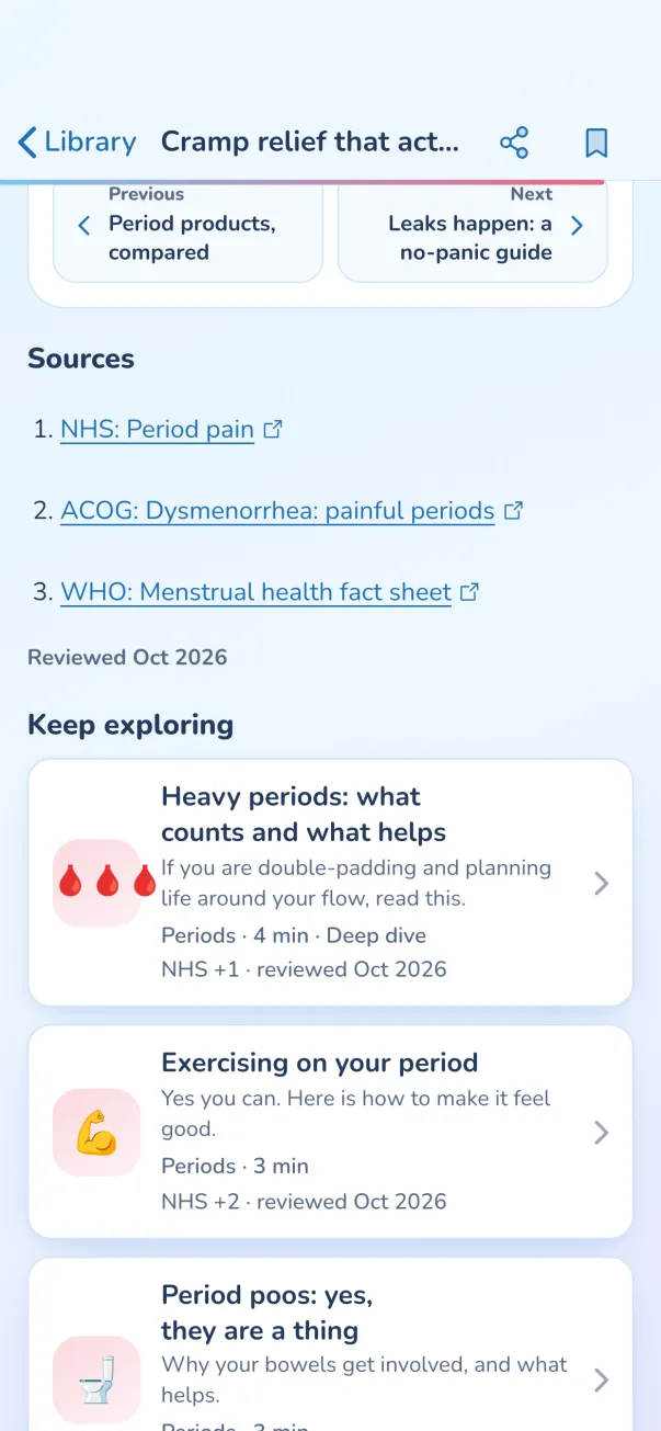 Library article with its sources: NHS, ACOG and WHO, reviewed Oct 2026
