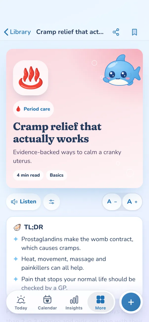 Article: Cramp relief that actually works, with a Listen button and text size