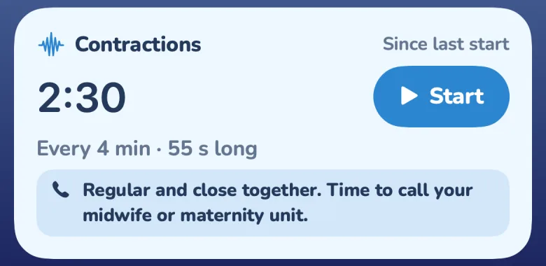 Lock Screen Live Activity: Contractions every 4 minutes, 55 seconds long, a Start button and “Regular and close together. Time to call your midwife or maternity unit.”