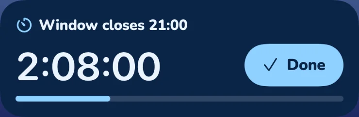 The pill window with discreet wording: Window closes 21:00, 2:08:00 left, and a Done button instead of Taken